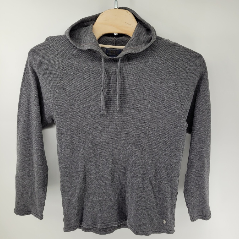 Polo Ralph Lauren Waffle Knit Hoodie Mens XL Gray Cotton Pullover Raglan Sleeves